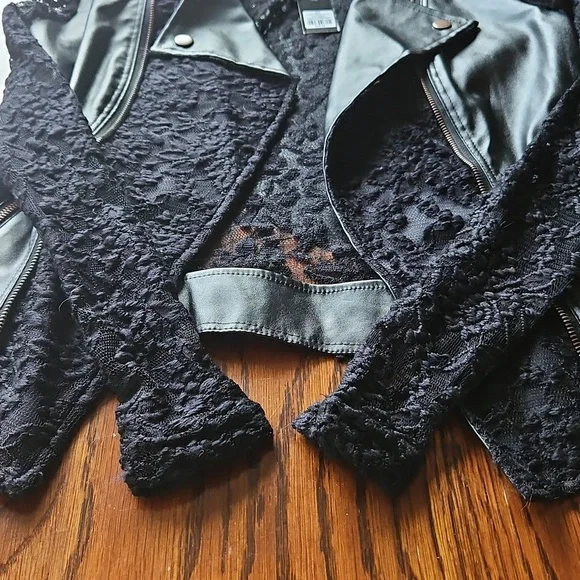 Streetwear Society Black Faux Leather Lace Insert Moto Jacket Small - Picture 10 of 15